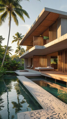 Modern Tropical Villa: Stylish Poolside Retreat with Palm Trees, Elegant Home Exterior, and Luxury Outdoor Living Space in Serene Garden Landscape with Nature-Inspired Modernism.