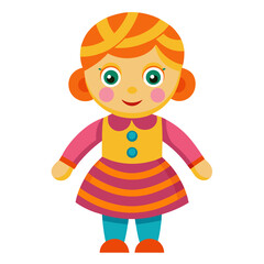 A charming cartoon illustration of a young girl with bright orange hair wearing a colorful striped dress pink shirt and turquoise leggings set against a