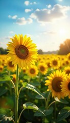 Fototapeta premium Sunflowers Basking in Summer Sunlight A Vibrant Field of Golden Blooms Swaying Gently in a Warm Breeze, Creating a Picturesque Scene of Natural Beauty