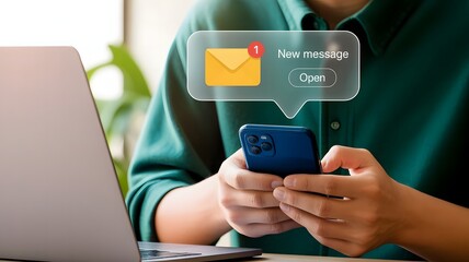 A person is viewing a new message notification on their mobile phone while using a laptop