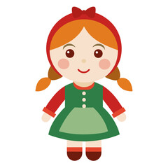 Cute Cartoon Girl Doll with Red Hair and a Red Bow Wearing a Green Dress and Red Sleeves with a Simple Flat Design on a