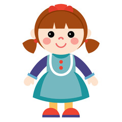 Cartoon Illustration of a Cute Girl Doll with Brown Hair Pigtails and a Blue Dress Featuring a Simple and Playful Design on a White Background