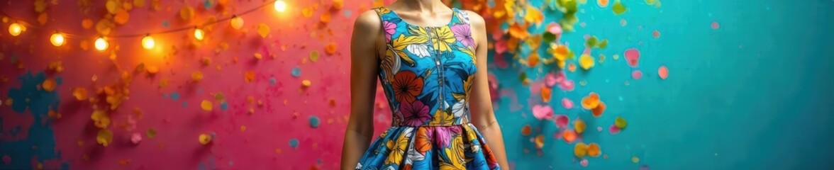 Vibrant Short Fitted Dress Perfect for Summer Nights and Festive Occasions.  Flattering silhouette, smooth fabric, playful punchy design. Ideal for parties, celebrations, and warm weather.