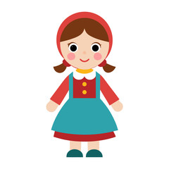 Cartoon Illustration of a Girl with Brown Hair and a Red Hood Wearing a Blue Dress and Red Shirt Standing on a White Background Perfect