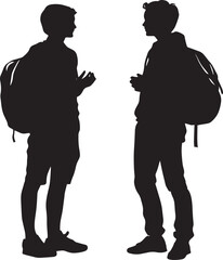 Socializing A student chatting with friends, holding their schoolbag casually or resting it next to them while they talk. full length silhouette black vector illustration