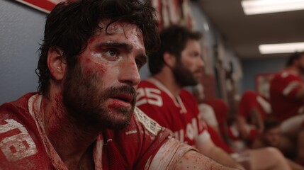 Torn Warrior: A gritty and raw close-up of a determined athlete, bloodied but unbowed, in the heart of the locker room.
