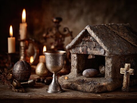 Collection of religious Christmas objects: stone carved manger stable, silver chalice, and gold cross on wooden table, warm candlelit still life