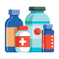 Obraz premium A collection of colorful medicine bottles including blue white and red containers arranged against a white background representing healthcare pharmaceuticals and medical supplies in a