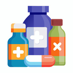 Obraz premium Colorful Pharmaceutical Illustration Assorted Medicine Bottles and Capsule Representing Healthcare Treatment and Medical Supplies in a Flat Cartoon Style on a Clean White Background vector