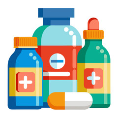 Obraz premium Colorful Pharmaceutical Illustration Depicting Medicine Bottles and a Capsule Emphasizing Healthcare and Treatment Options with a Modern Flat Design Style for Medical and Wellness Purposes