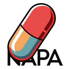 A stylized illustration of a capsule pill featuring red orange and blue colors with the word NAPA in bold black letters underneath set against a