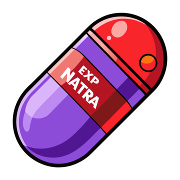 Stylized Cartoon Illustration of a Pill Capsule with the Words EXP NATRA on a Red Label Featuring Purple and Red Sections with a Thick Black