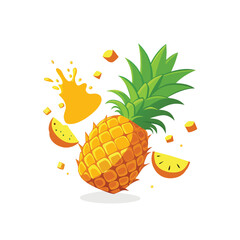 3D realistic vector of whole pineapple with leaves, pineapple slices, and juice splash with drops for tropical juice and fruit packaging.