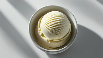 Creeky Vanilla Dessert: Soft Serve Ice Cream Scoop, Sweet Indulgence in Sunlight – Home-Made Ice Cream Close-Up in White Ceramic Bowl, Classic Delightful Treat for Summer!