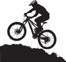 Fototapeta premium Mountain Biking A person riding a mountain bike over rugged terrain, jumping or navigating obstacles. full length silhouette black vector illustration