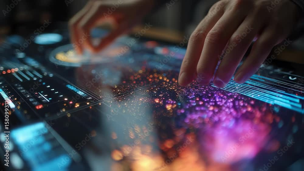 Poster hands interacting with innovative holographic control panel generating big data visualization with f