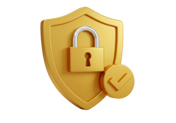 Isolated Golden Shield with Padlock and Check Mark