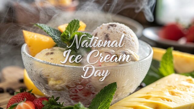 National Ice Cream Day, Yummy sweet dessert theme image highlighting frozen celebration treat. - Powered by Adobe