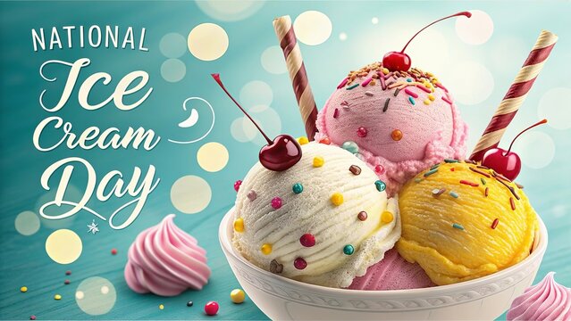 National Ice Cream Day, Ice cream bowl sits on light blue wooden background. - Powered by Adobe