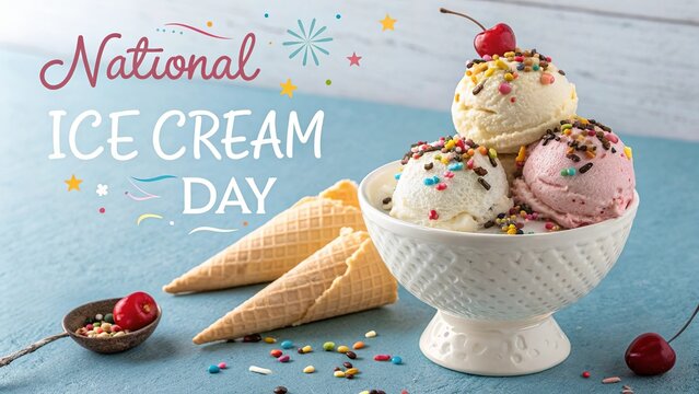 National Ice Cream Day, Colorful sprinkles decorate scoops with red cherries on top.
