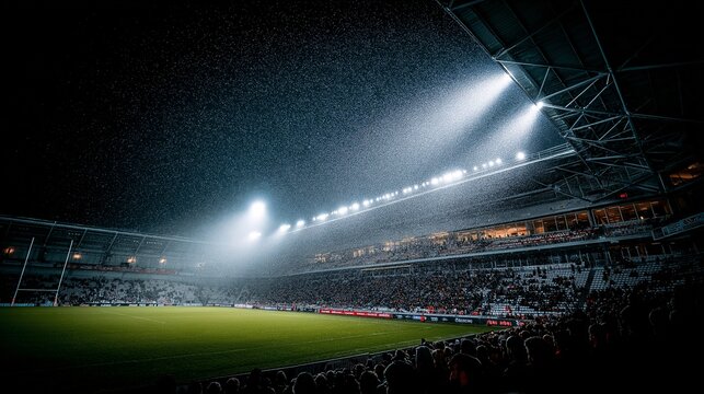Night Stadium Scene: A panoramic view of a massive stadium, filled with a sea of spectators, illuminated by bright floodlights under a dark, rainy sky, with an intense sporting event taking place.