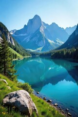 Breathtaking Panorama Pristine Mountain Lake Reflecting a Clear Blue Sky, Surrounded by Lush Green Forests and Majestic Peaks.  A Serene Escape into Untouched Wilderness.