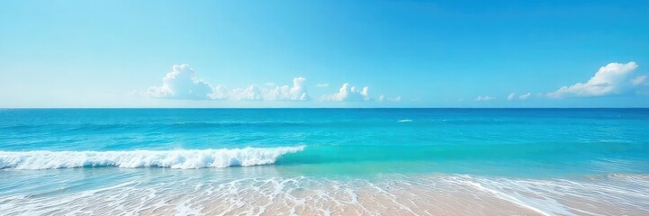 Obraz premium Tranquil Cerulean Ocean Panoramic View of Calm Waves Lapping a Peaceful Shore Under a Clear Sky, Perfect for Travel and Serenity Themes