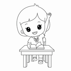Cute student girl raising hand illustration.
