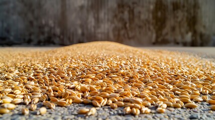 Obraz premium Wheat Threshing Area Showing Mounds Of Loose Golden Wheat Grain On A Clean Cemented Platform. No Human Tools, But The Pattern Of Swept Grain Must Form A Visually Satisfying Composition. Background