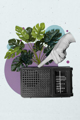 Trend artwork collage template composite sketch of huge hand finger touch radio plant leaves party...