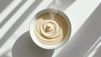 Velouté Sauce Steaming Creamy Soup in White Bowl - Hot Comfort Food Photography with Culinary Art and Modern Dining Aesthetics, Healthy Nutritious Ingredients on Wooden Table Setting