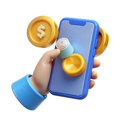 3d cartoon hand holding smartphone with coins for online payment isolated on transparent background