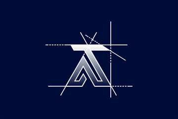 A sleek, minimal monogram logo design featuring the letters A and T with precision construction lines. Ideal for architects, engineering firms, construction branding, or professional identity.