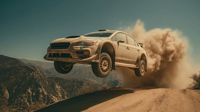 Aerial Ascent: An off-road rally car soars through the air, kicking up a cloud of dust against a backdrop of rugged terrain, embodying the thrill of motorsport.