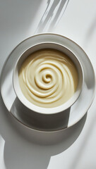 Velouté Sauce Culinary Art with Creamy Soup: Swirl Design on Elegant Stylish Tableware – Gourmet Dish with Silky Consistency, White Background and Natural Lighting for Modern Dining Photography 