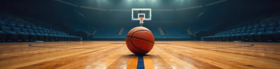 Fototapeta premium Lone Basketball on Gleaming Court Awaits the Next Big Game; Polished wood reflects stadium lights, creating a dramatic and energetic scene ready for intense action and skillful defense.