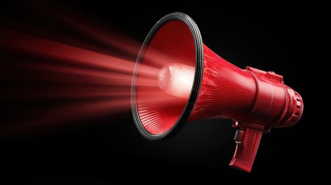 Vibrant photo of red megaphone with lightings isolated. Close up breaking news metaphor, disclosure of information concept. 3d rendering.