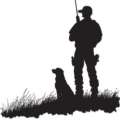 A hunter standing tall with a dog sitting patiently beside them. Full-length silhouette black vector illustration.