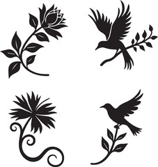 Obraz premium Black floral and bird silhouettes create a charming decorative element in a modern design setting, ideal for various creative projects.