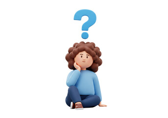 Isolated Pensive Cartoon Girl with Question Mark