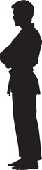 An individual in a respectful stance, slightly bending forward while standing tall. Full-length silhouette black vector illustration.
