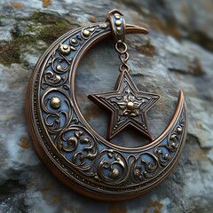 Ornate crescent moon pendant with star. Detailed, decorative design featuring a crescent moon and a star, intricately carved and detailed, with a copper or bronze finish