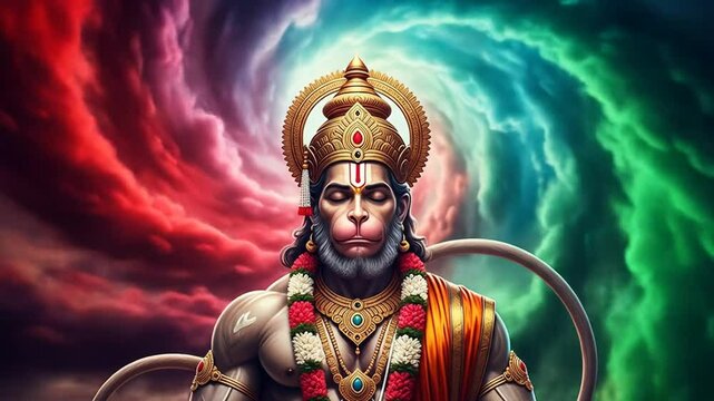 Powerful Hindu Deity Hanuman in Profound Meditation Surrounded by Ethereal Cosmic Colors
