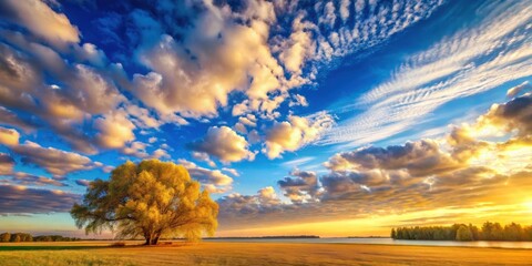 Golden Hour Serenity A Solitary Tree Silhouetted Against a Vivid Sunset Sky and Calm Water