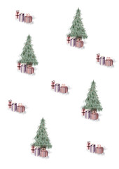 Christmas seamless pattern with xmas tree and gift watercolor illustration isolated on white background