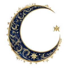 Ornate crescent moon with gold filigree and stars