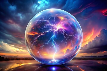 A captivating crystal ball showcases a breathtaking sunset sky with intense lightning, reflecting on the waters surface and creating a scene of raw energy and beauty