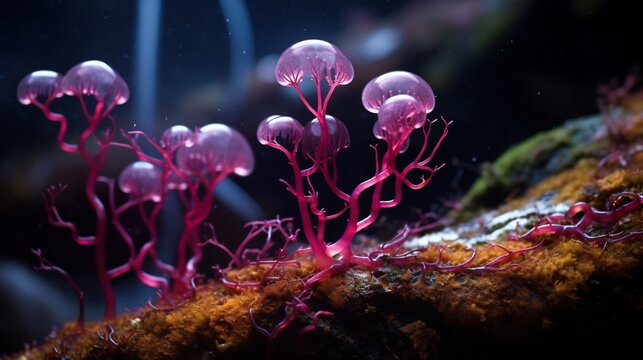 A slime mold Physarum spreading in dendritic patterns, veins pulsing with cytoplasmic flow, dark magenta on moss,