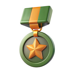 Stylized military award medal with star and ribbon isolated on transparent background