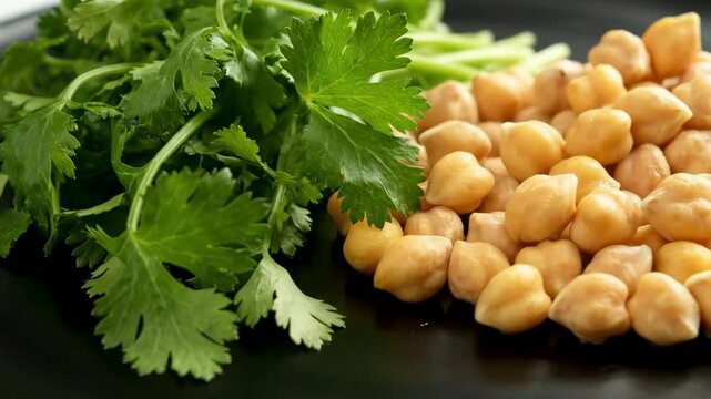Fresh coriander leaves and chickpeas arranged on a black plate, showcasing vibrant colors, ideal for healthy meal preparation or recipe creation in a kitchen setting